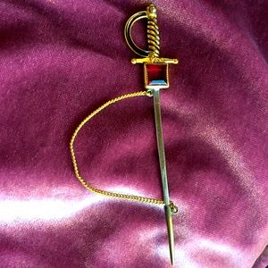 Antique Gold, Silver&Raspberry Gemstone Sword Pin